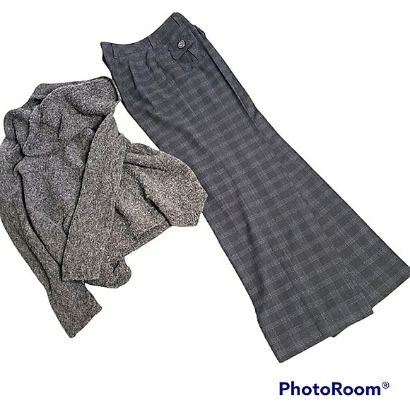 Windowpane plaid trousers tuck button pockets 10" mom rise wide leg pant… - Picture 1 of 13